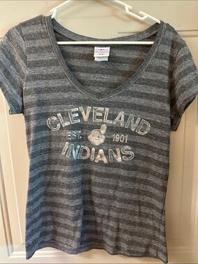 Women's Gray Cleveland Indians Striped V-Neck Tee